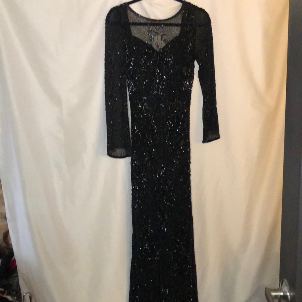 SCALA Vintage black tie beaded 100% silk maxi long heavy gown. Size Medium.